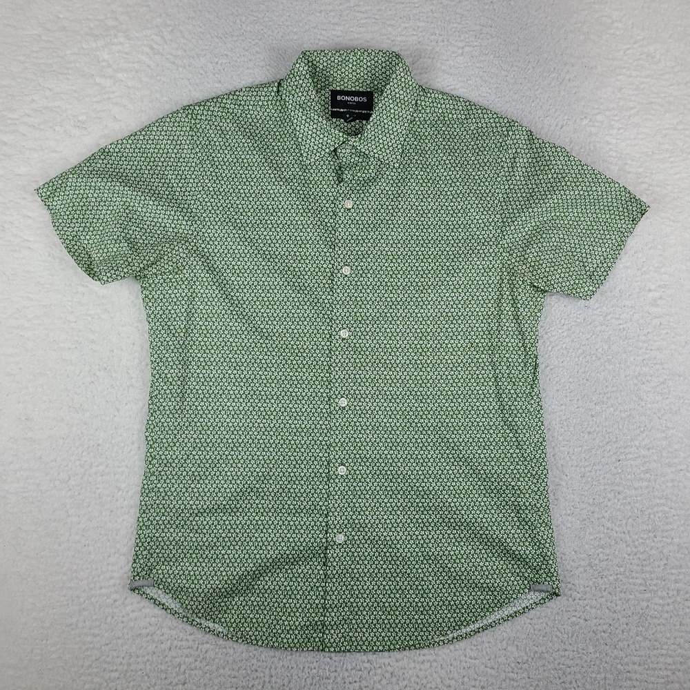 BONOBOS Shirt Mens Medium Green Slim Fit Stretch Preppy Hawaiian Button Up